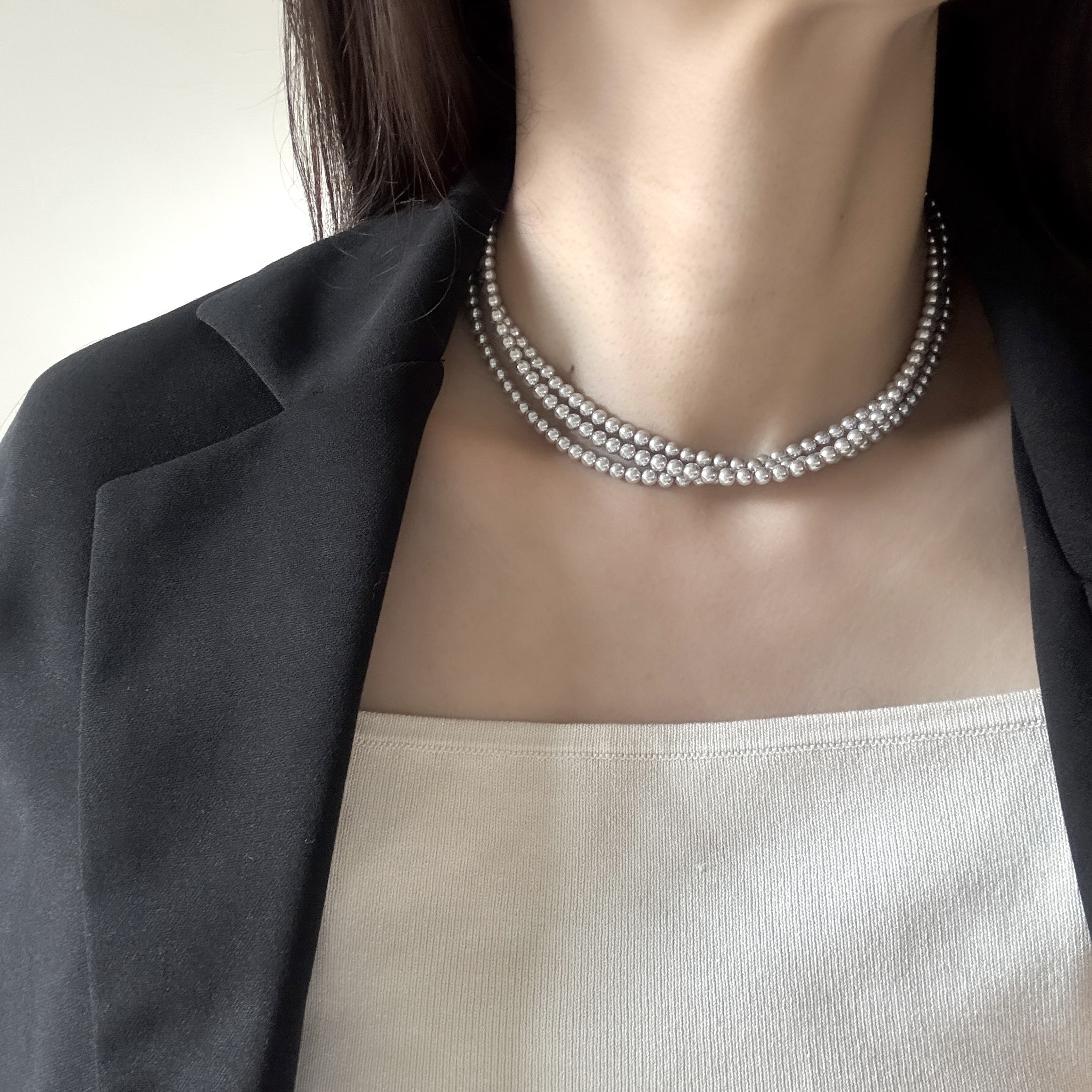 【アレンジが効く】120cm シルバー貝パールロングネックレス シェル マンテル スクラプ サージカルステンレス