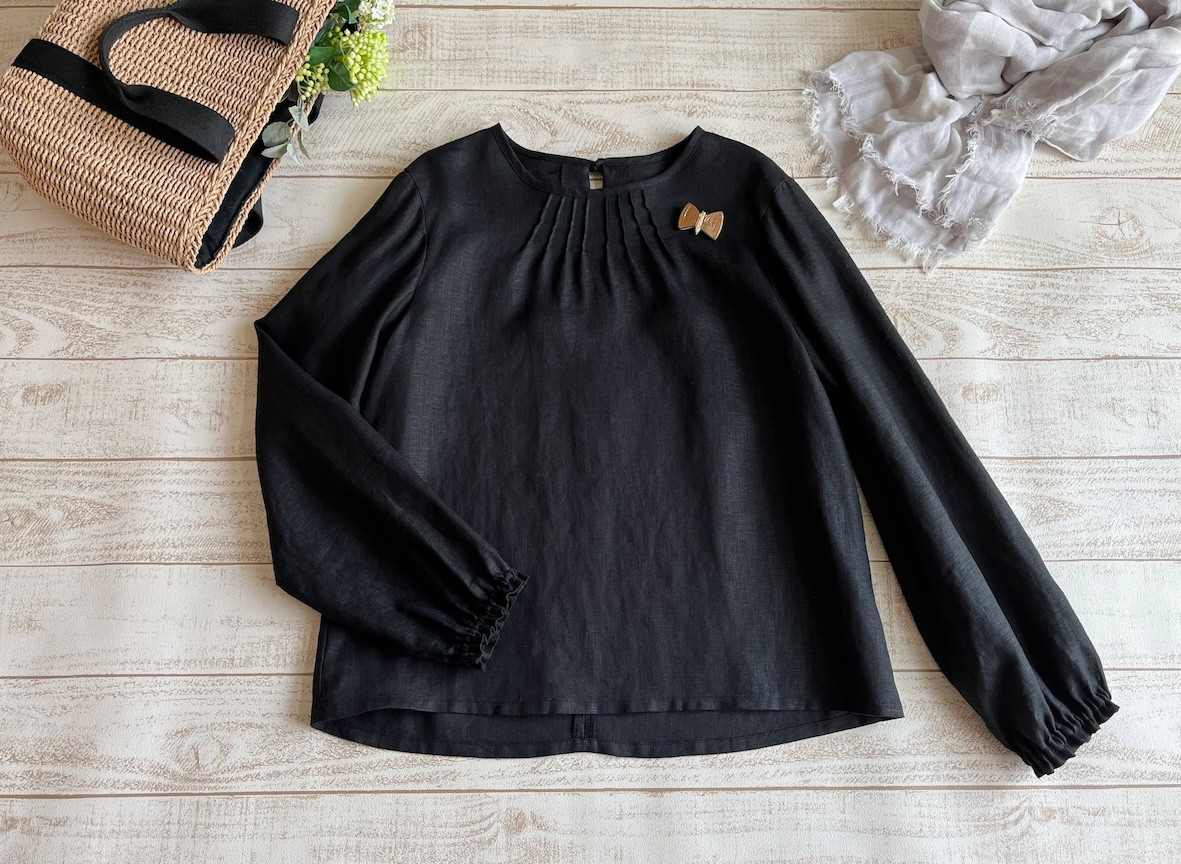 【受注制作】リネン 後ろリボンブラウス　長袖or七分袖（カラーが選べます）