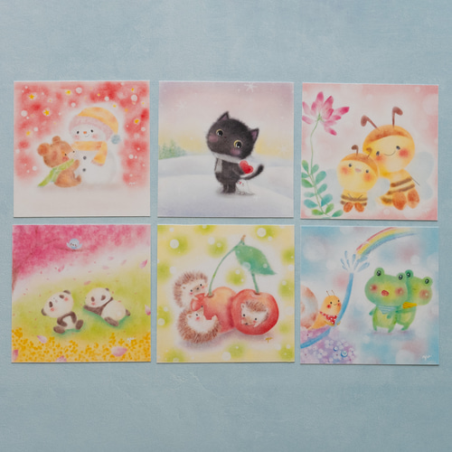 ミニ複製画】「かわいい動物12枚セット」 パステルアート 猫 犬