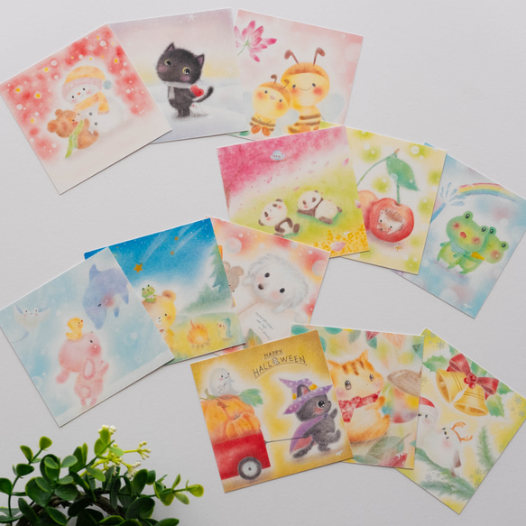 魅力の ミニ複製画】「かわいい動物12枚セット」 犬 猫 パステルアート 絵画+タペストリー