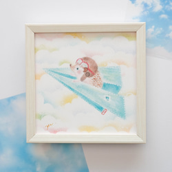 【複製画】「デニム飛行機で虹色の空へ」　ハリネズミ　パステルアート　動物　イラスト 1枚目の画像
