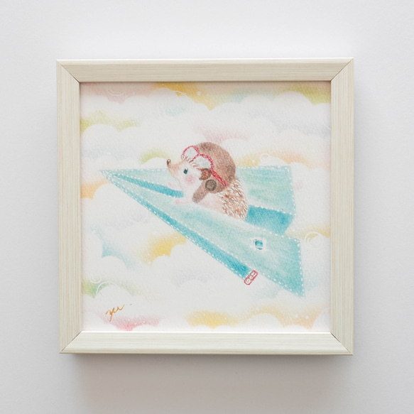 【複製画】「デニム飛行機で虹色の空へ」　ハリネズミ　パステルアート　動物　イラスト 4枚目の画像