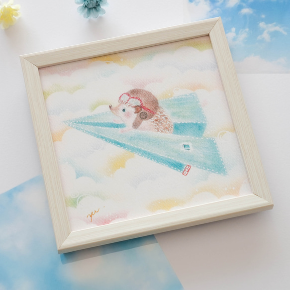 【複製画】「デニム飛行機で虹色の空へ」　ハリネズミ　パステルアート　動物　イラスト 3枚目の画像