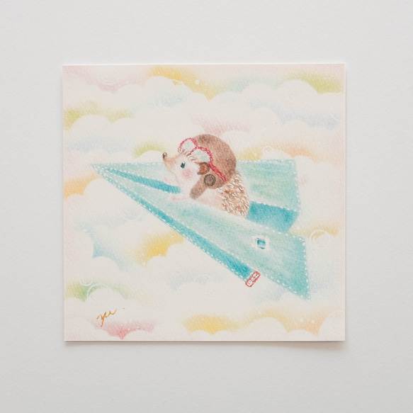 【複製画】「デニム飛行機で虹色の空へ」　ハリネズミ　パステルアート　動物　イラスト 5枚目の画像