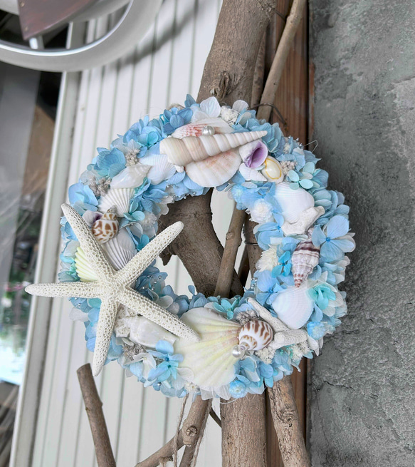 ☆海色サマーリース②☆珊瑚や貝殻にヒトデをたっぷり使ったマリンリース★ 4枚目の画像
