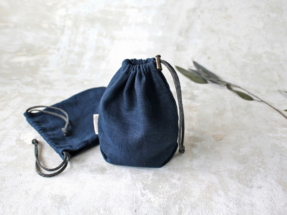 巾着　リネン　　75 ハンドメイド Kinchaku Basic S リネンキャンバス ネイビー [巾着袋 麻 厚手