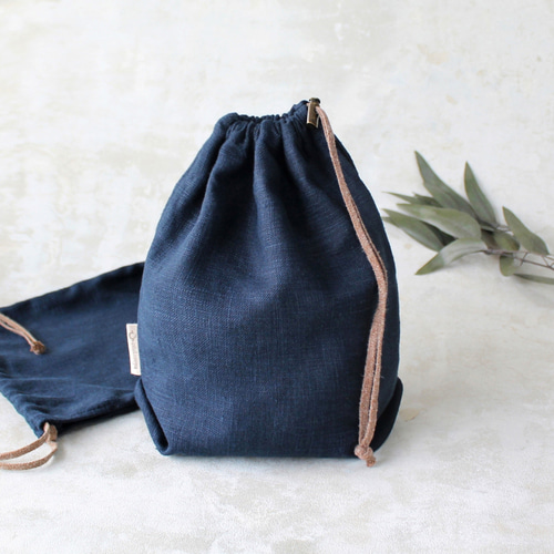 Kinchaku Basic M リネンキャンバス ネイビー [巾着袋 麻 厚手