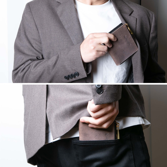 雙折皮夾 完全原創皮革 Nichirin 皮革迷你皮夾 日本製造 灰色 JAW022 第4張的照片