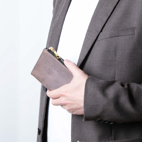 【限量特價】對折錢包，真皮，太陽皮，迷你錢包，日本製造，灰褐色，JAW022 第2張的照片