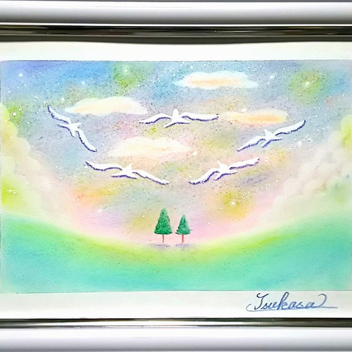 パステル画（原画）鳥雲。