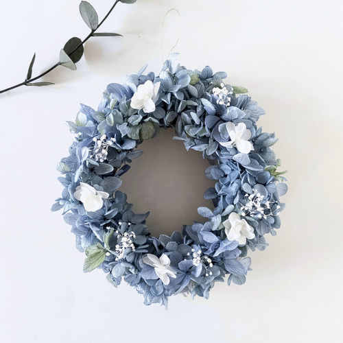 涼しげ青いミニリース ふわふわ 春夏 ブルーライム 紫陽花リース