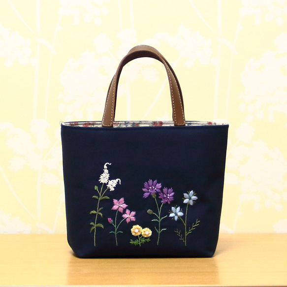 野の花刺繍 帆布のミニトートバッグ ロイヤルネイビー トート