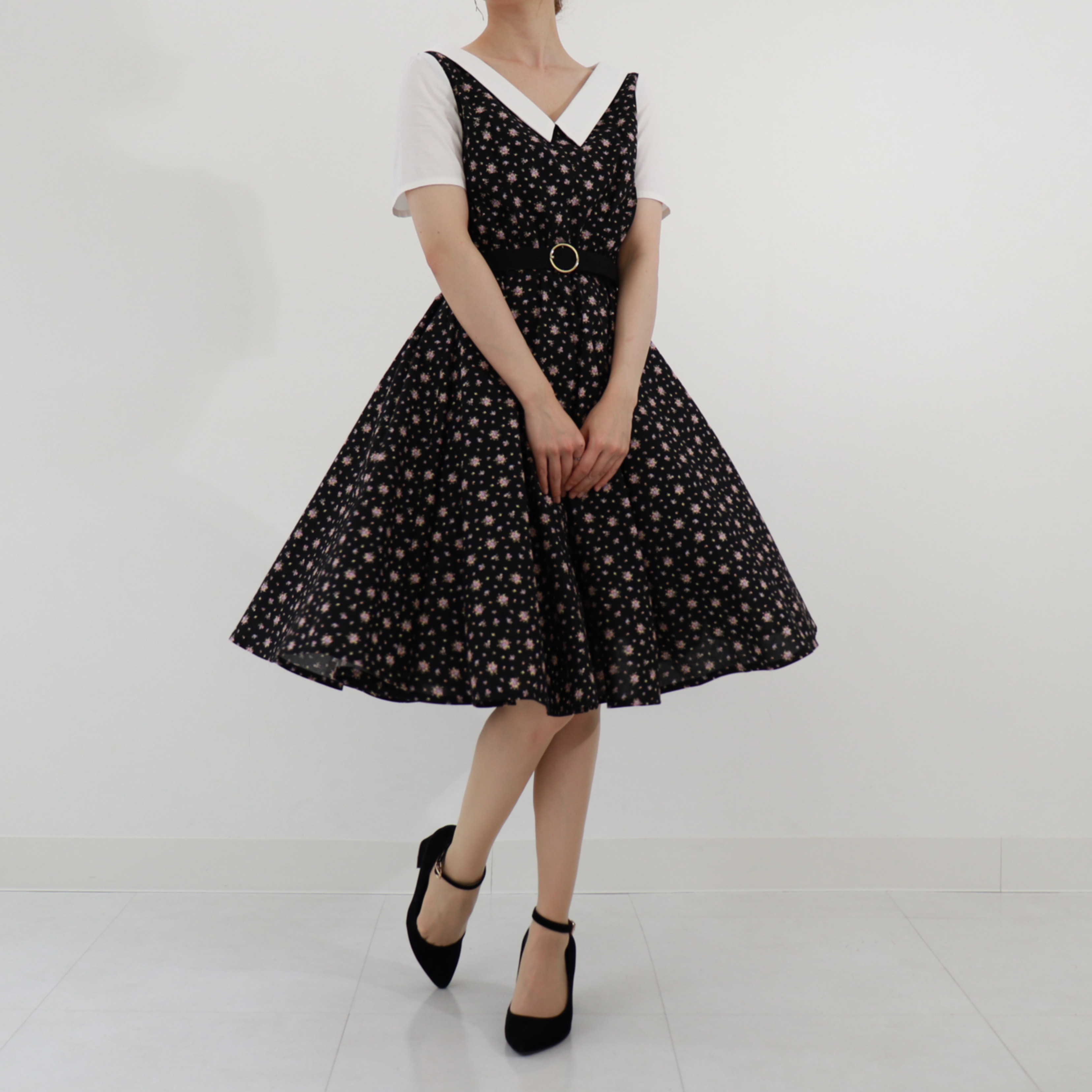 黒花柄ワンピース1539