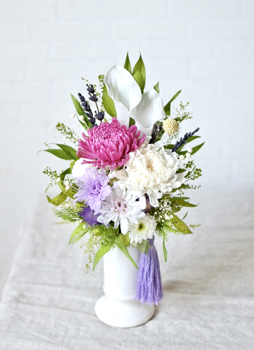 プリザーブドフラワー仏花 ゆり リリー カラー パープル 紫 ラベンダー かすみ草 小さめ