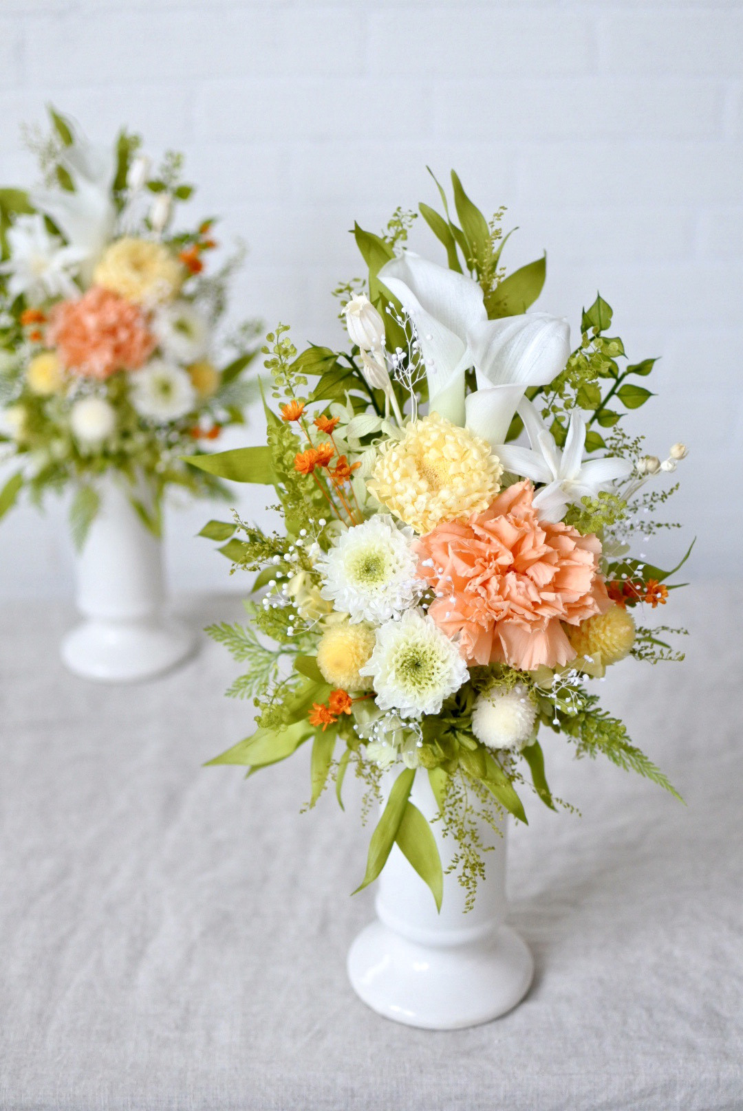 プリザーブドフラワー仏花　黄色　オレンジ　ゆり　カーネーション　かすみ草　小さめ