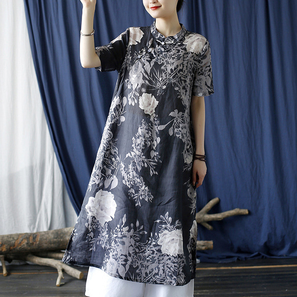 ワンピース 袖付き チャイナドレス 風シンプルなデザイン 薄手の生地 2275 1枚目の画像