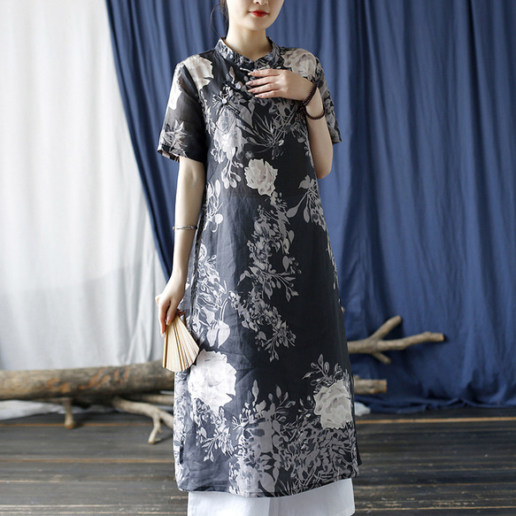 ワンピース 袖付き チャイナドレス 風シンプルなデザイン 薄手の生地 2275 2枚目の画像