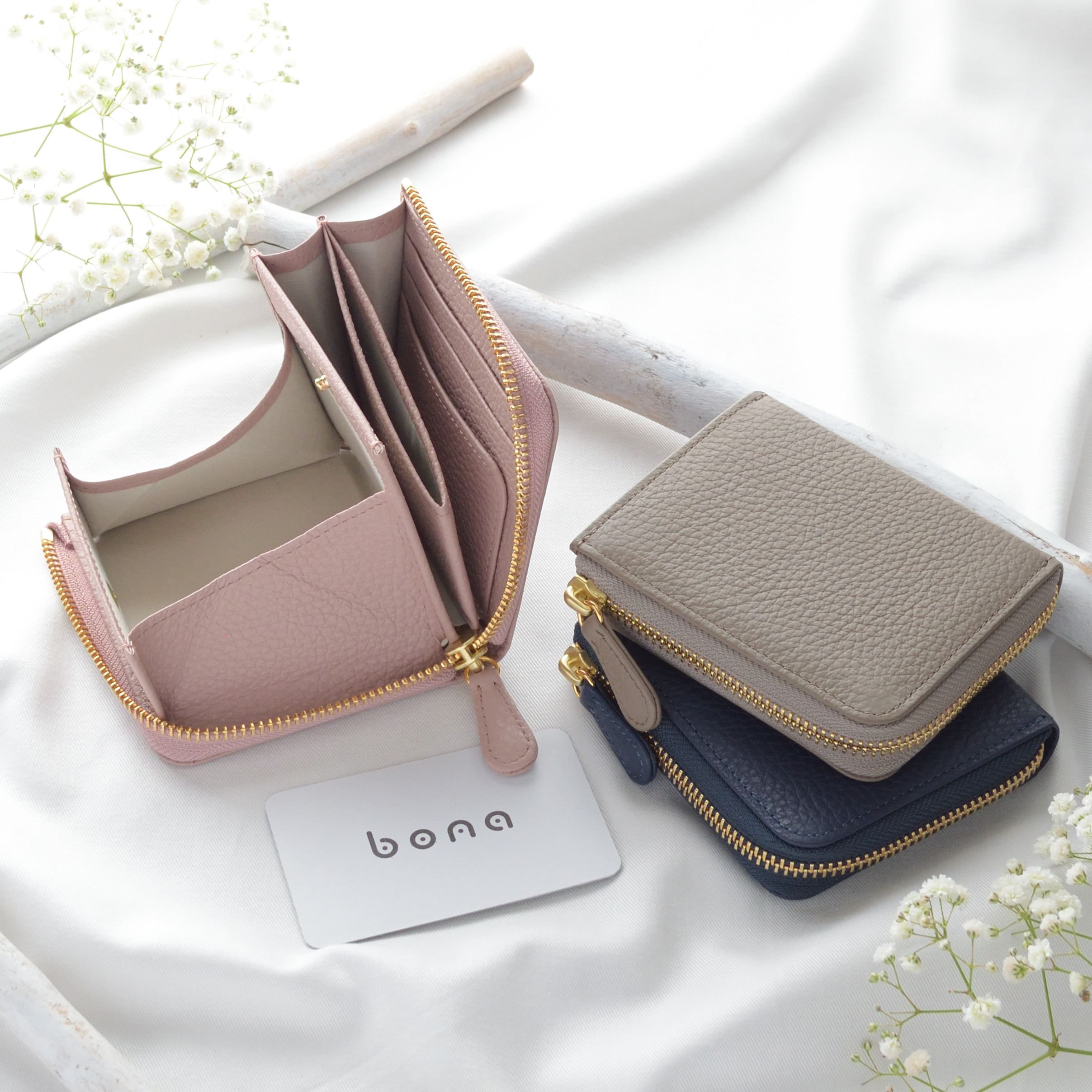 大きな小銭入れのL字ファスナー コンパクト財布　イタリアンレザー【トープ/ネイビー/ピンクベージュ】