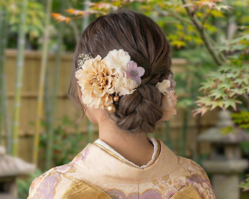 成人式 髪飾り ベージュダリア×桃花｜卒業式 袴 和装ヘア No.VM56 振袖