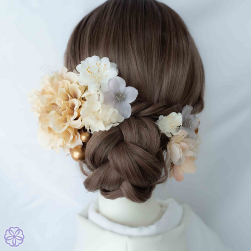 成人式 髪飾り ベージュダリア×桃花｜卒業式 袴 和装ヘア No.VM56 振袖