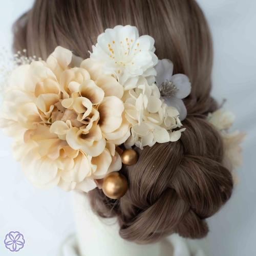 成人式 髪飾り ベージュダリア×桃花｜卒業式 袴 和装ヘア No.VM56 振袖