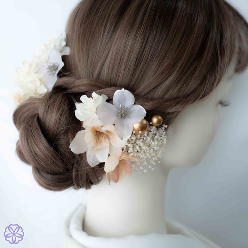 成人式 髪飾り ベージュダリア×桃花｜卒業式 袴 和装ヘア No.VM56 振袖