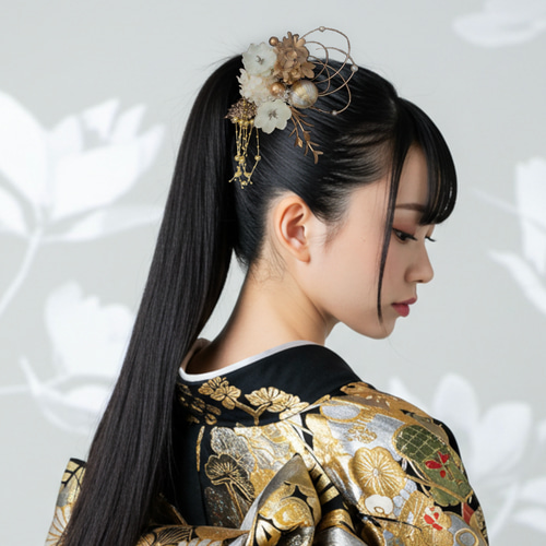 成人式 髪飾り 白×金×枝垂れパール｜卒業式 袴 和装ヘア No.GW70