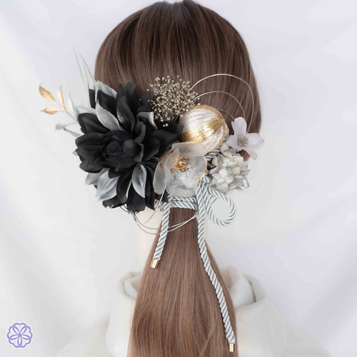 成人式 髪飾り 黒×銀 ブラック&シルバー 卒業式 袴 No.SV76 振袖
