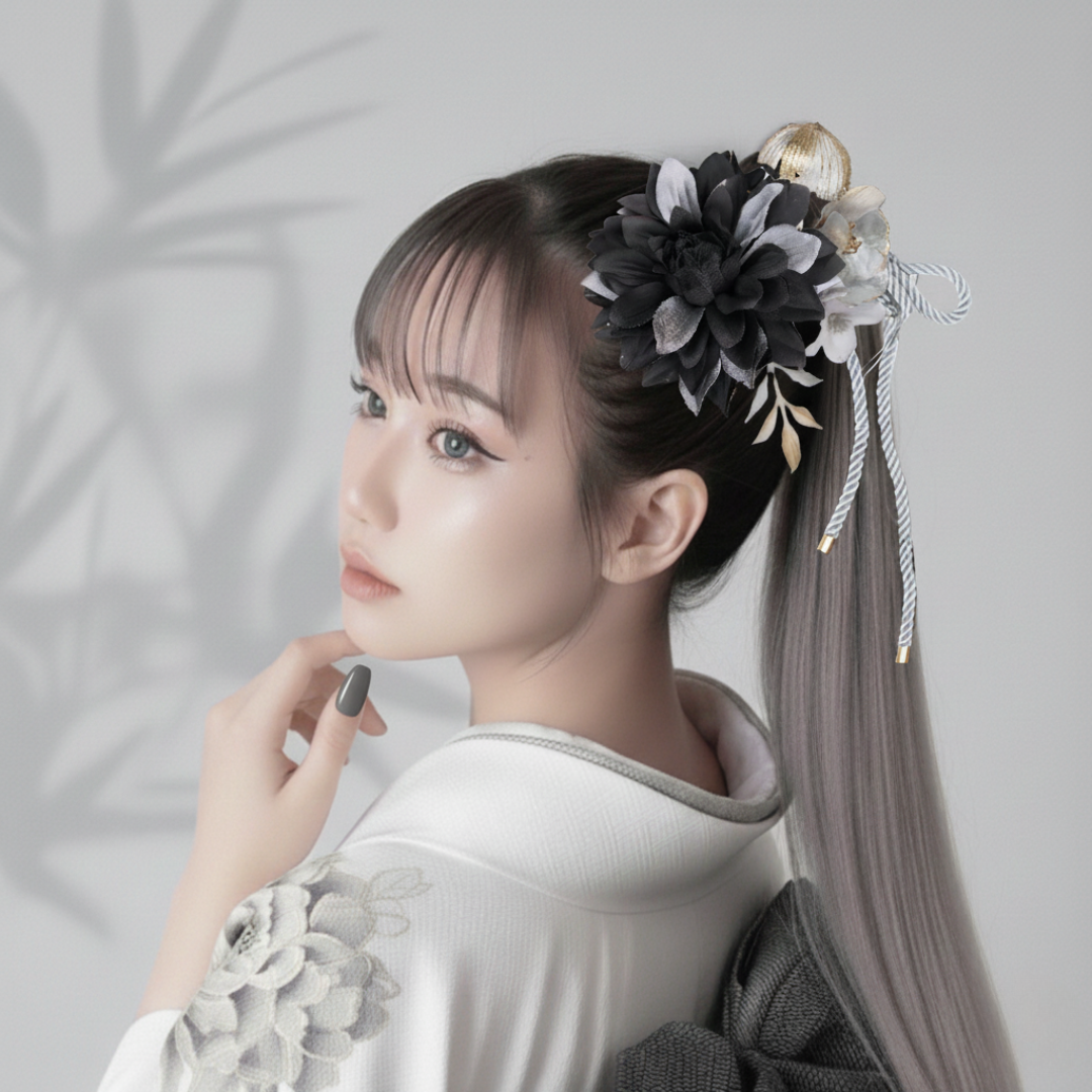 成人式 髪飾り 黒×銀 ブラック&シルバー 卒業式 袴 No.SV76 振袖 着物 和装 結婚式 ポニーテール かんざし
