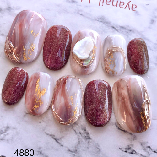 サイズオーダー 4880 赤 ブラウン ゴールド シェル ニュアンス ネイル