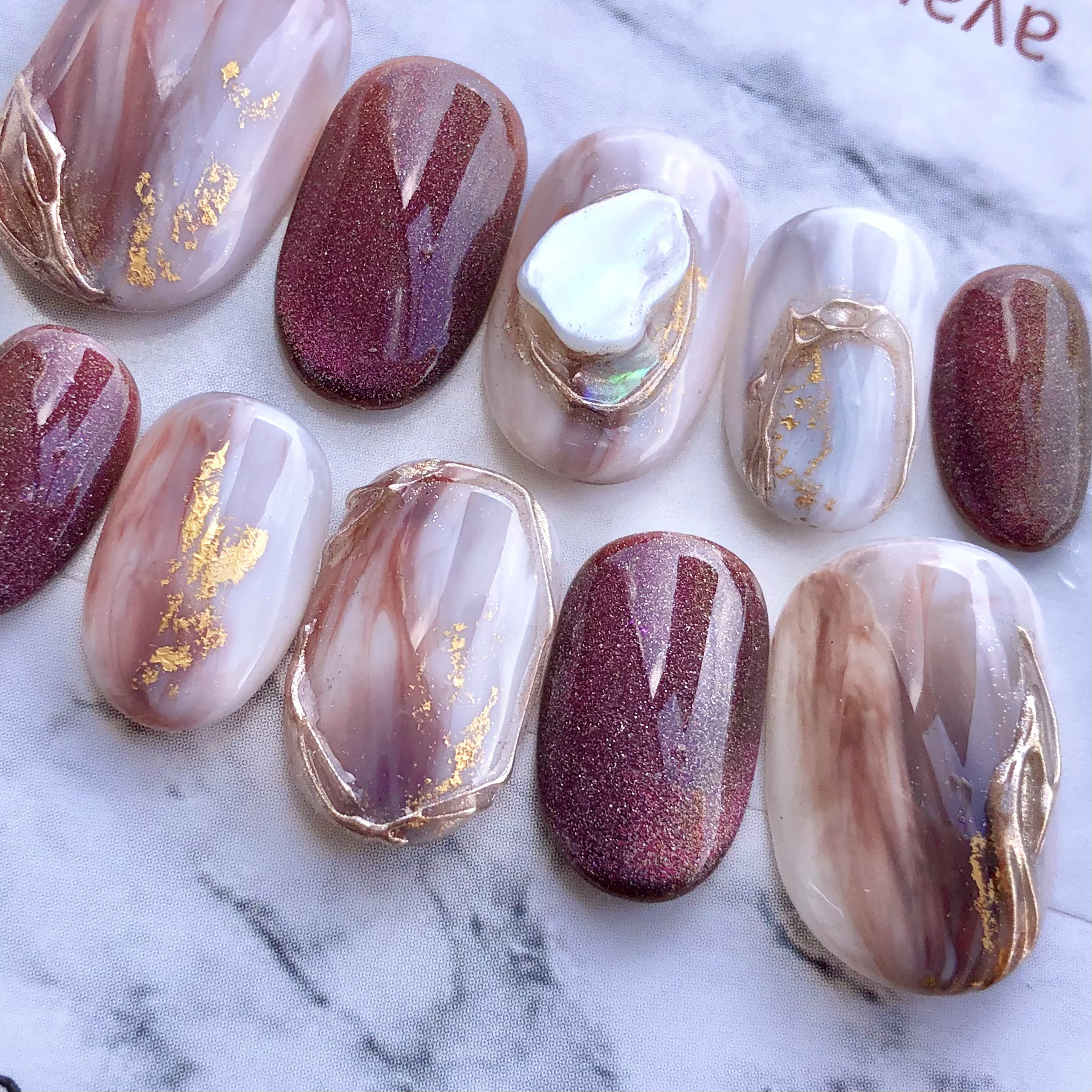 サイズオーダー 4880 赤 ブラウン ゴールド シェル ニュアンス ネイル