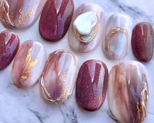 サイズオーダー 4880 赤 ブラウン ゴールド シェル ニュアンス ネイル