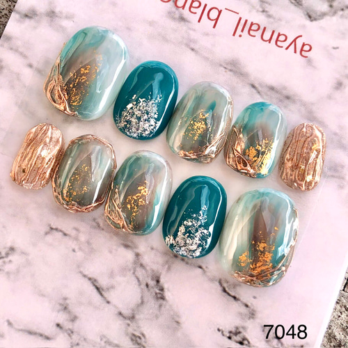 サイズオーダー 7048 ネイルチップ ターコイズ ブルー ブラウン 浴衣