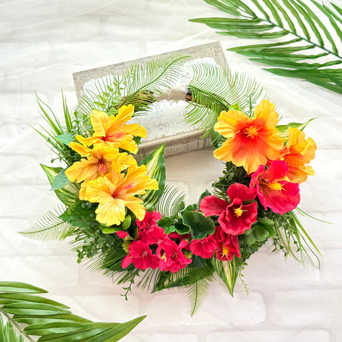 夏リース 南国リース ハイビスカスとプルメリア オレンジ