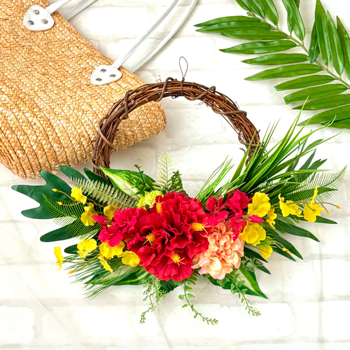 トロピカルリース 南国リース 夏 ハイビスカス リース 赤 造花
