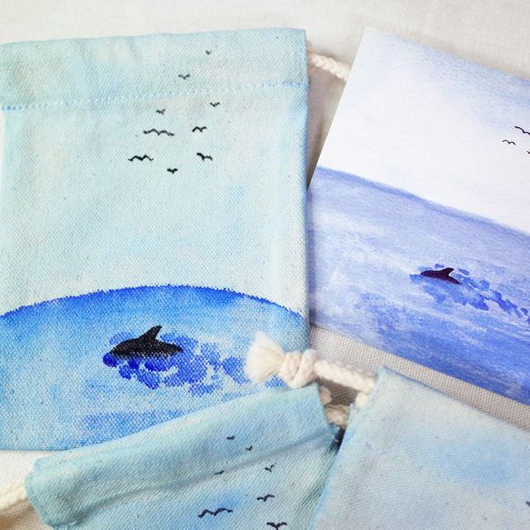 原創風景 寧靜海的海豚 手繪臺灣製帆布束口袋 第3張的照片