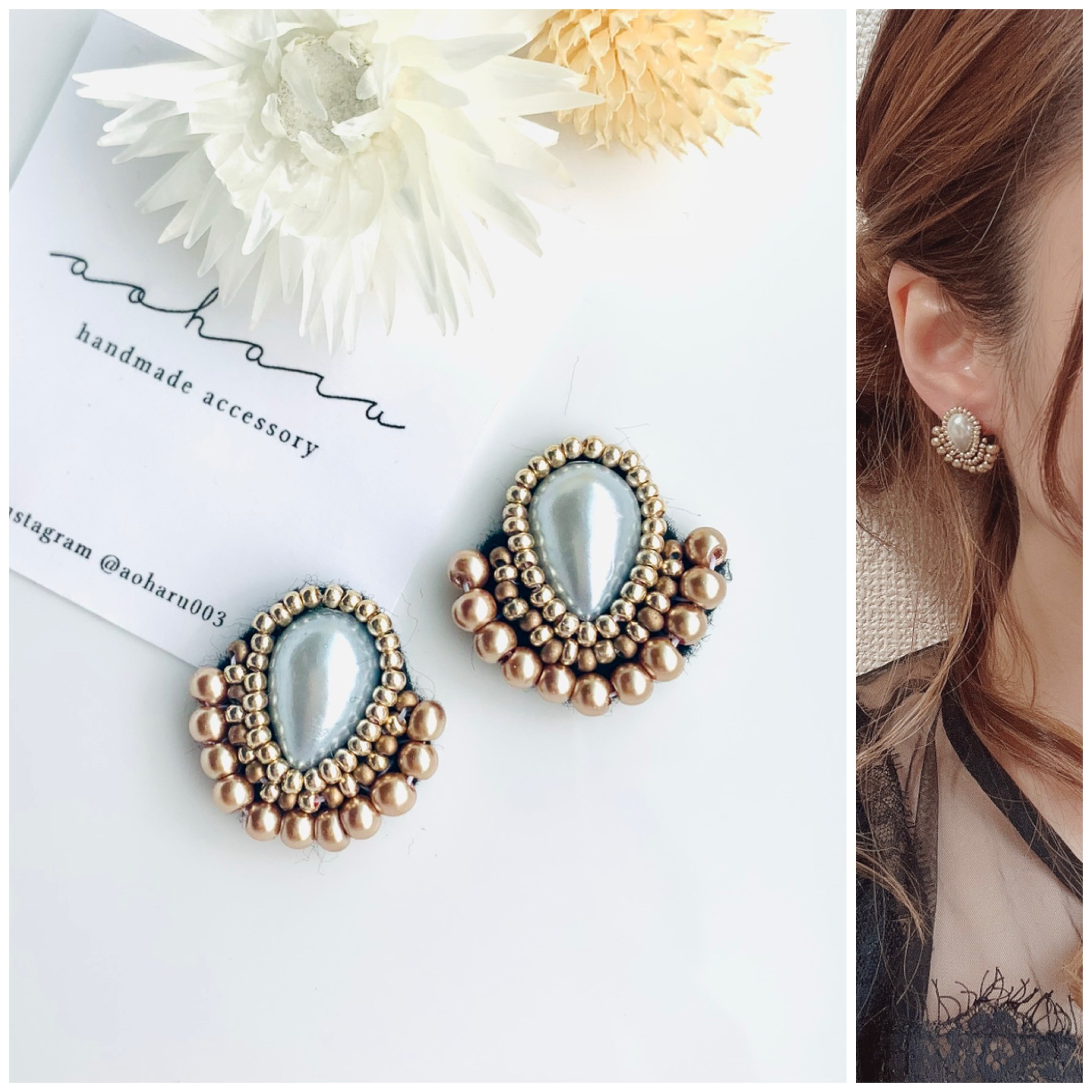 再販】アンティーク 雫パール ゴールドビーズ 刺繍ピアス/イヤリング  