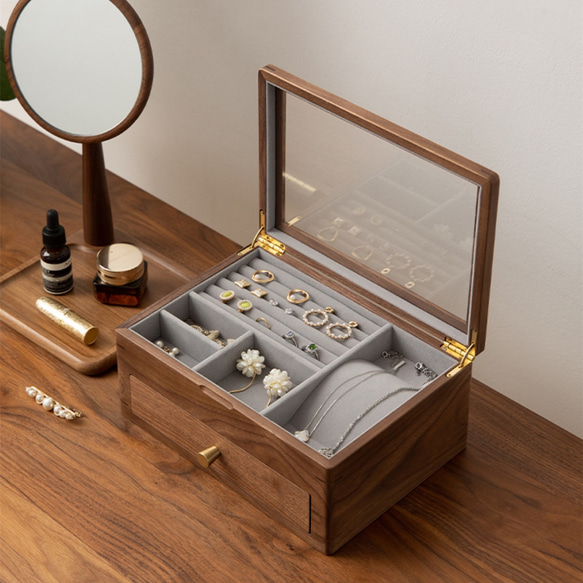 グラス付きのデザインの木製アクセサリー収納 イヤリング ジュエリー