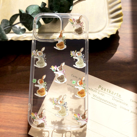 兔子透明保護殼 (iPhone/Android) 兔子和野花透明保護殼 第1張的照片