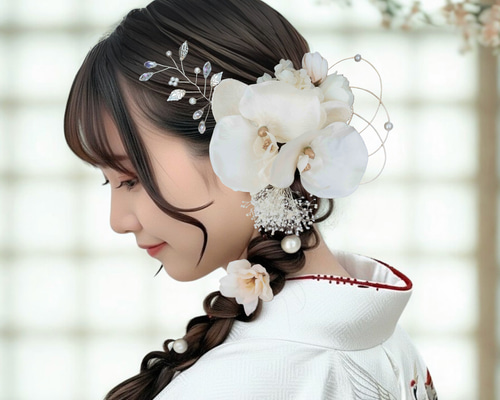 成人式髪飾り 和装リボン　千總 振袖 袴 胡蝶蘭  ドライフラワー プリザーブド 楽天市場】髪飾り 成人式 胡蝶蘭 三条 5色 くすみカラー 浴衣