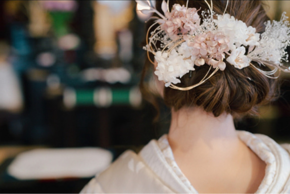 髪飾り　桜と紫陽花の髪かざり　シャンパンピンク×ホワイト　成人式　卒業式　結婚式　振袖　着物　和装　ヘアアクセサリー　髪 8枚目の画像