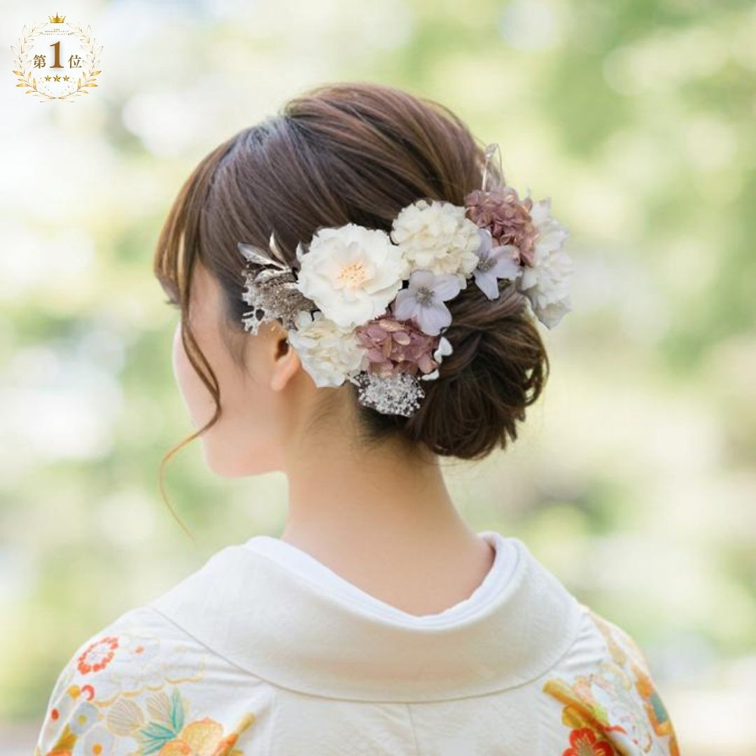 桜と紫陽花の髪かざり　No.PW02　髪飾り　シャンパンピンク×ホワイト　成人式　卒業式　結婚式　成人式髪飾り
