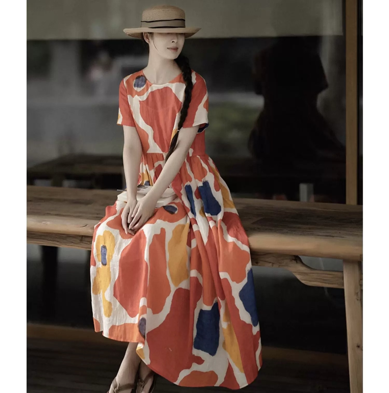 【ラミー/麻100%】プリント柄のロングワンピース　ウエスト切替　ポケット付き【秋春夏】 13,900円