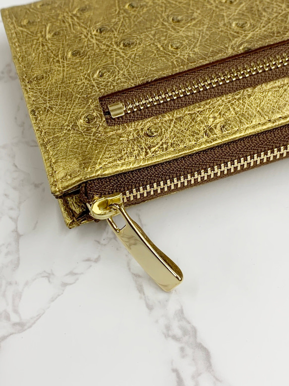 日本製　上質　クライン・カルー　オーストリッチ　長財布　ゴールド　ロングウォレット　L字ファスナー 5枚目の画像