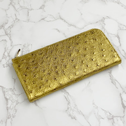 日本製　上質　クライン・カルー　オーストリッチ　長財布　ゴールド　ロングウォレット　L字ファスナー 2枚目の画像