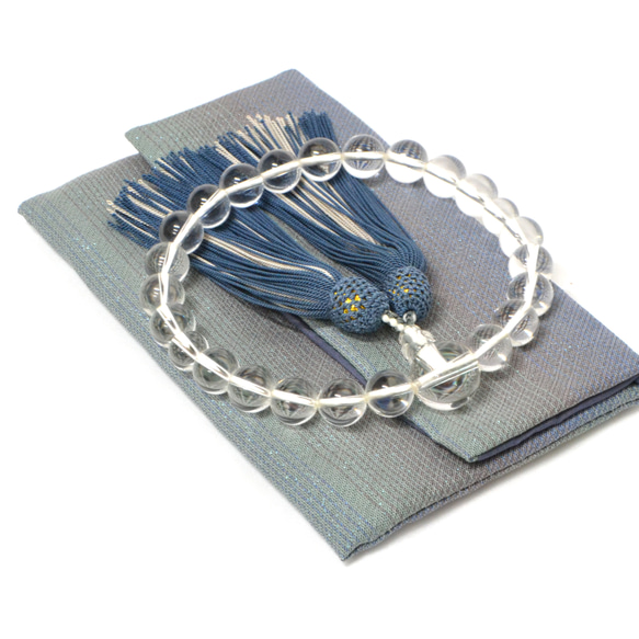 数珠と数珠袋のセット　水晶×縞ブルー 1枚目の画像