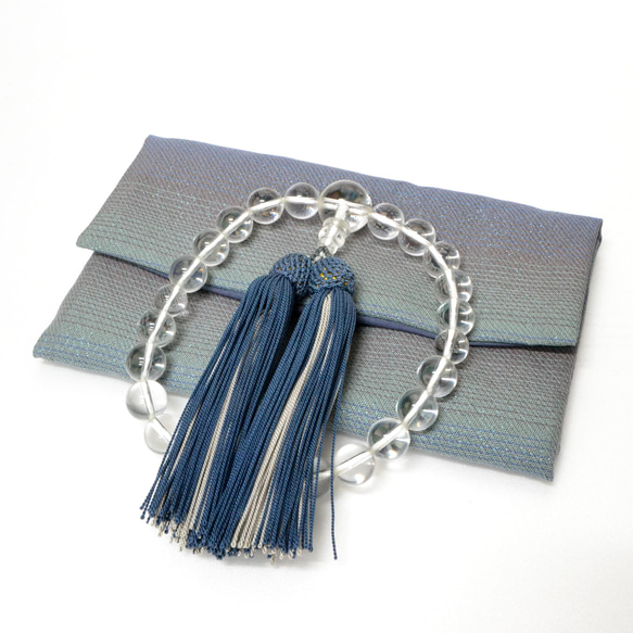 数珠と数珠袋のセット　水晶×縞ブルー 3枚目の画像