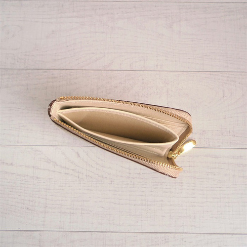 コンパクトなL字ファスナー ミニ財布 牛革 シャンパンゴールド その他
