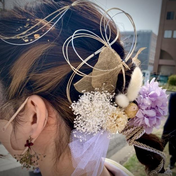 金箔＆水引付き　紫陽花とプリザーブドフラワーと飾り紐の髪飾り　紫／成人式　結婚式　卒業式　振袖　袴　紐アレンジ 8枚目の画像