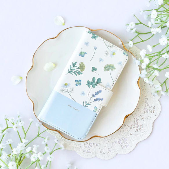 夏の花 ホワイト 手帳型スマホケース iPhone Android ほぼ全機種対応 